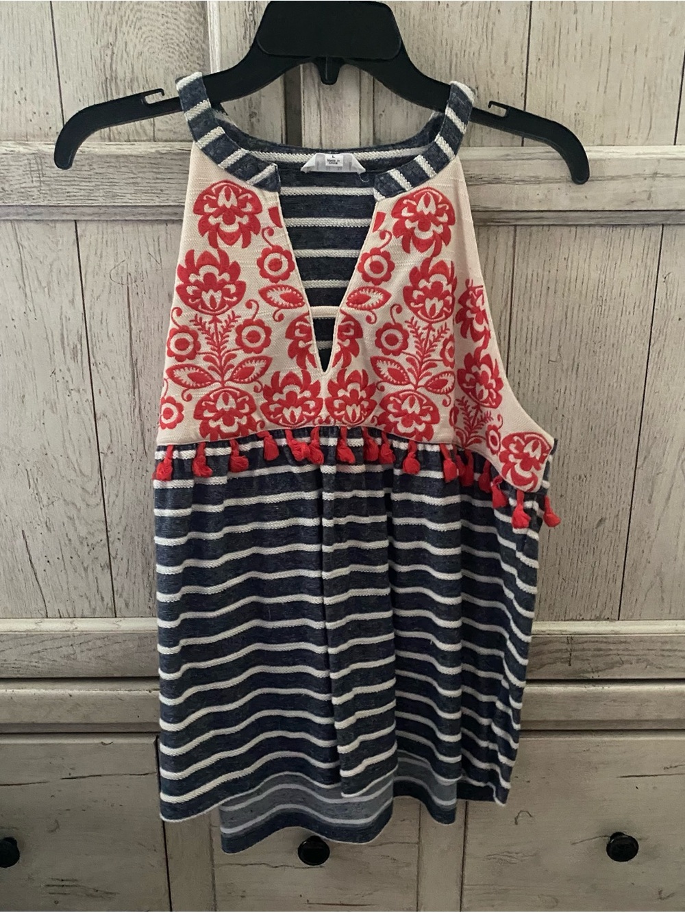 THML Navy and Coral Striped Dress with Floral Yoke
